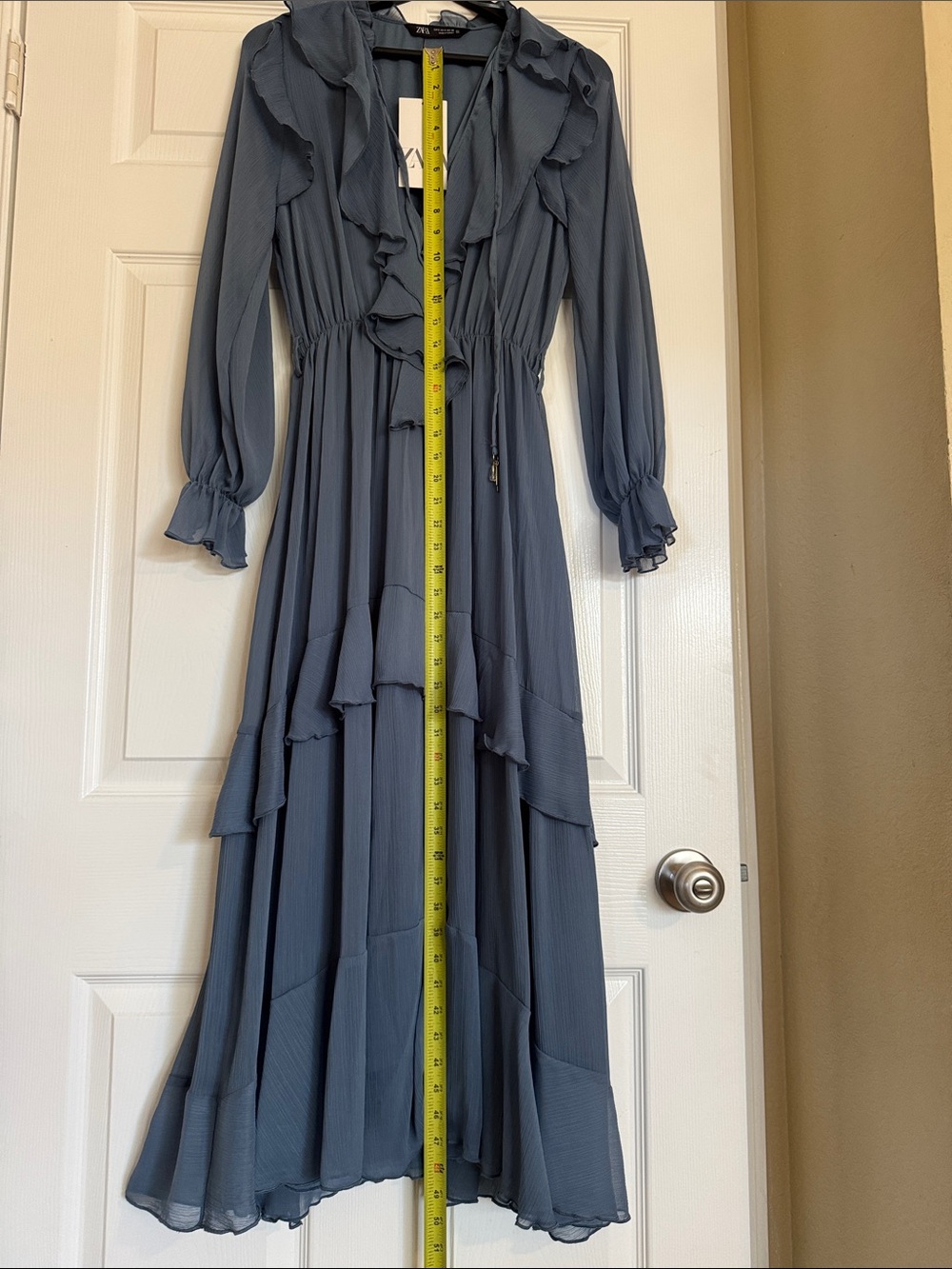 Zara Slate Blue Ruffled V-Neck Maxi Dress - Picture 5 of 13